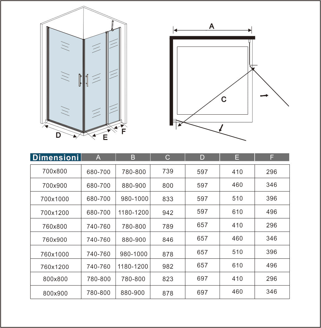 Aica 195 cm Box Doccia Angolare Doppia Porta Battente in Vetro 6 mm Temperato Anticalcare Trasparente Barra Stabilizzatrice e Telaio Cromo Lucido