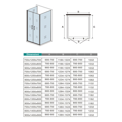 185cm Box Doccia a Tre Lati Porta Battente Saloon Doppia Parete Fissa Vetro da 6mm Temperato Anticalcare Barra Stabilizzatrice 45cm Cromo Lucido