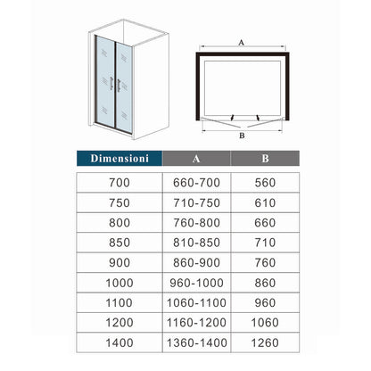 Aica 185cm Box Doccia Per Nicchia Doppia Porta Battente Saloon In Vetro 6 mm Temperato Opaco/Satinato Anticalcare