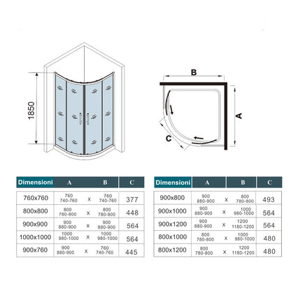 AICA 185 cm Box Doccia Semicircolare Apertura Scorrevole Vetro Temperato 5 mm Trasparente Ingresso Centrale