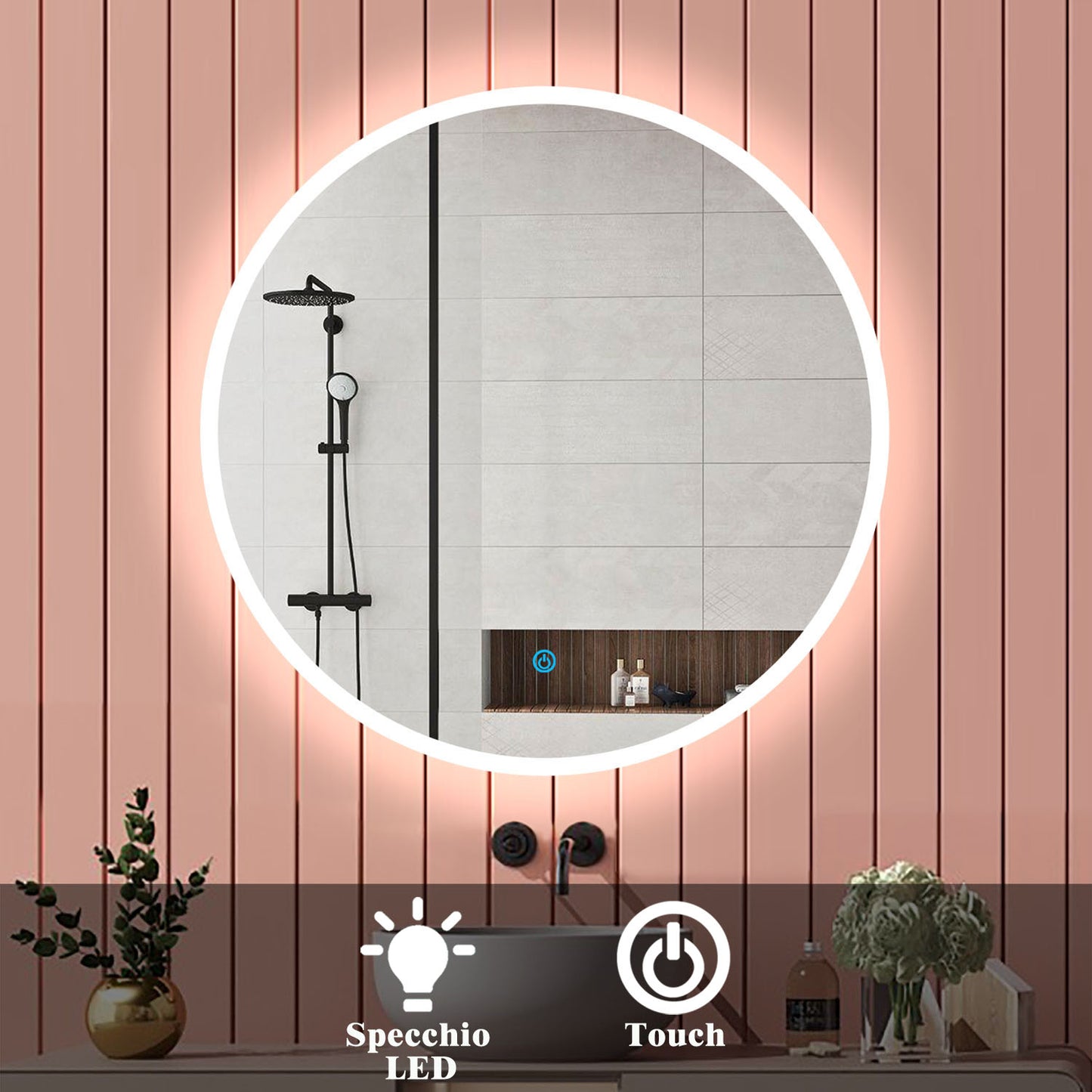 Aica Specchio da bagno rotondo da parete con LED , Anti-appannamento, Luce Bianca Fredda 6000K, Tocco Intelligente, Retroilluminato Senza antiappannamento