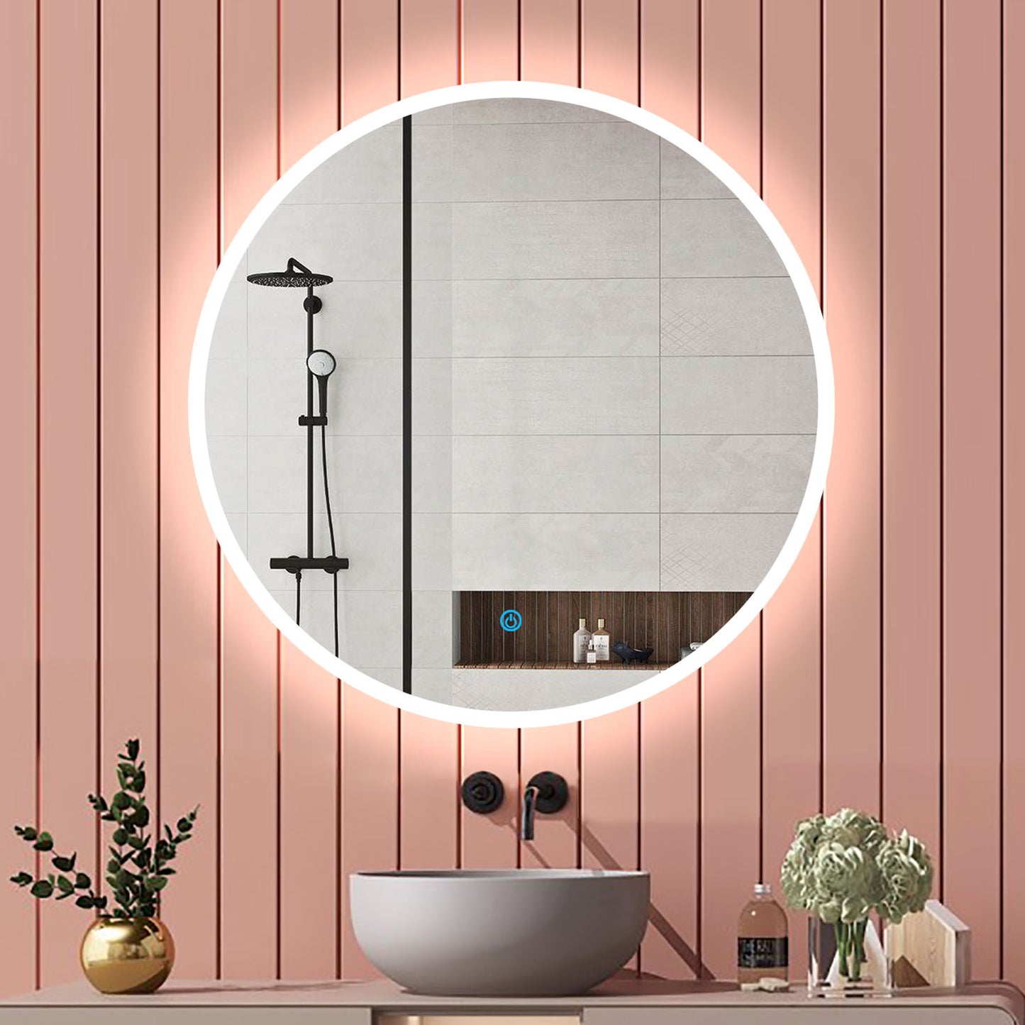 Aica Specchio da bagno rotondo da parete con LED , Anti-appannamento, Luce Bianca Fredda 6000K, Tocco Intelligente, Retroilluminato