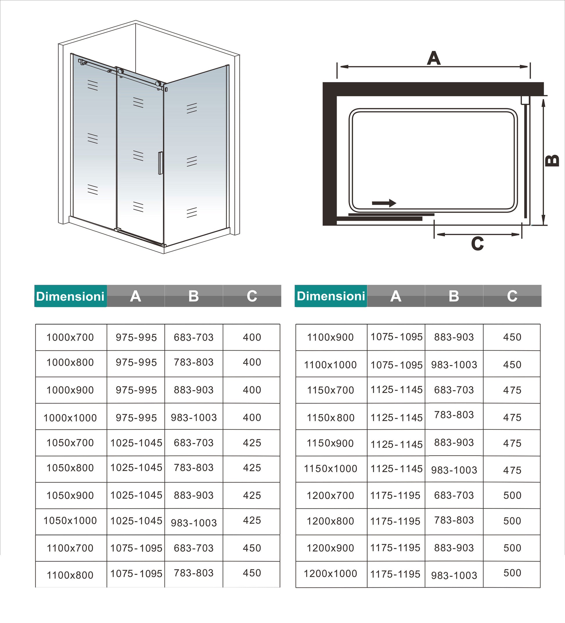 Aica 195cm Box Doccia Angolare Porta Scorrevole Ingresso Laterale Vetro 8mm Temperato Anticalcare Trasparente Telaio Cromato Lucido