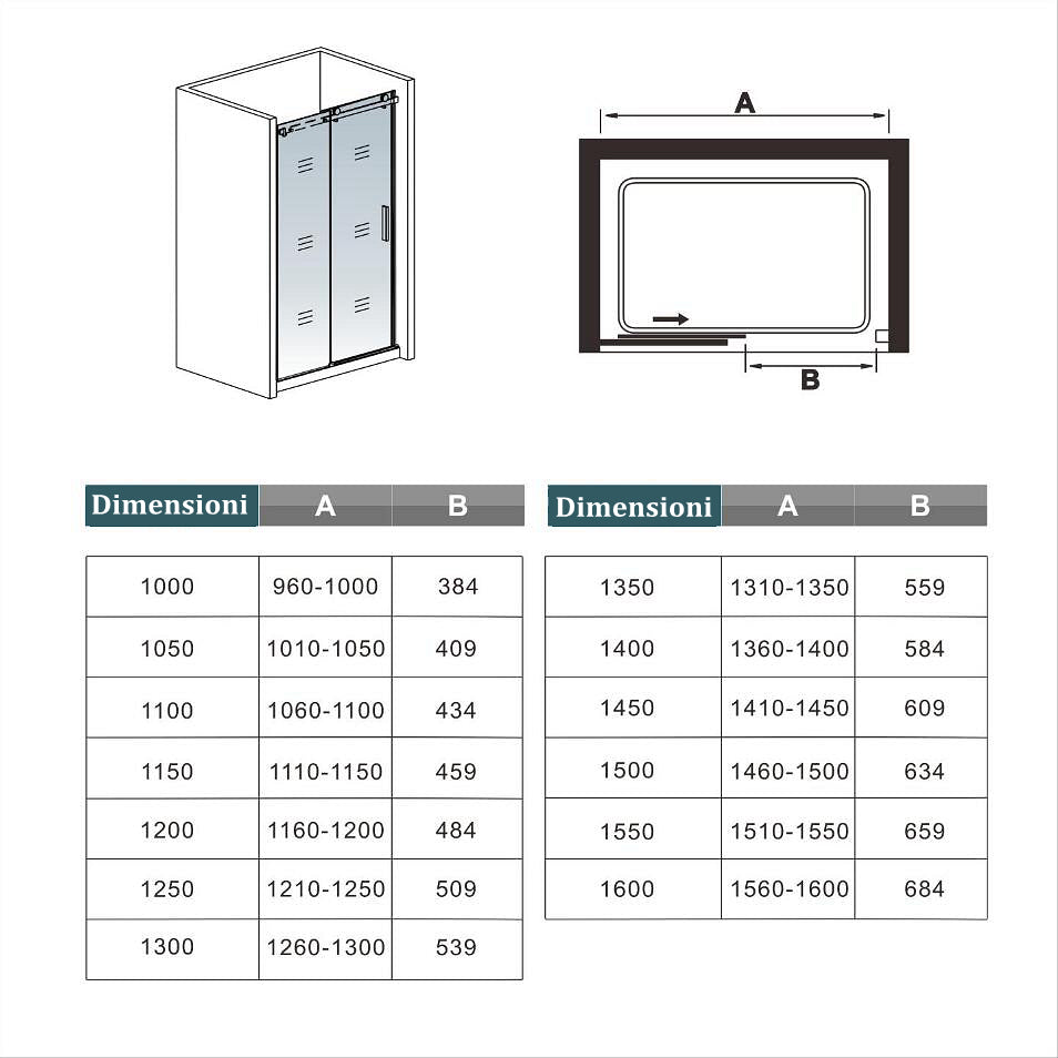 Aica 200 cm Box Doccia Per Nicchia Porta Scorrevole Ingresso Laterale In Vetro 8 mm Temperato Trasparente Anticalcare Telaio Nero Opaco