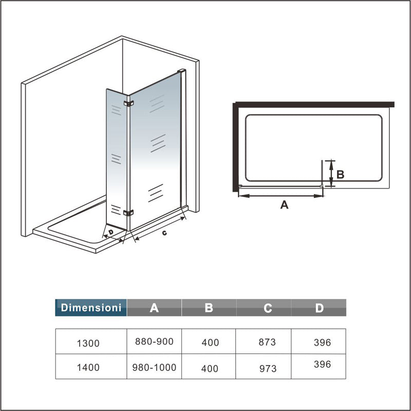 Box doccia walk-in Aica altezza 200 cm a parete in vetro temperato trasparente anticalcare removibile con barra stabilizzatrice da 45 cm o senza barra di supporto