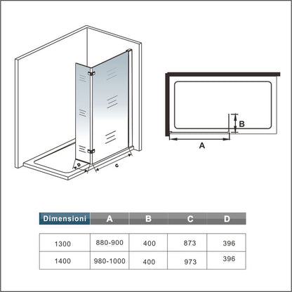 Parete doccia walk-in alta 200 cm con pannello rimovibile da 40 cm, barra stabilizzatrice in vetro temperato trasparente anticalcare da 8 mm o senza barra stabilizzatrice