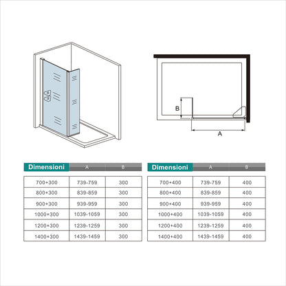 Walk In Parete Doccia 80-120cm Paretina Mobile 30/40cm Vetro Temperato 8mm Anticalcare 2 Ripiani Mensole Barra Stabilizzatrice 140cm tagliabile