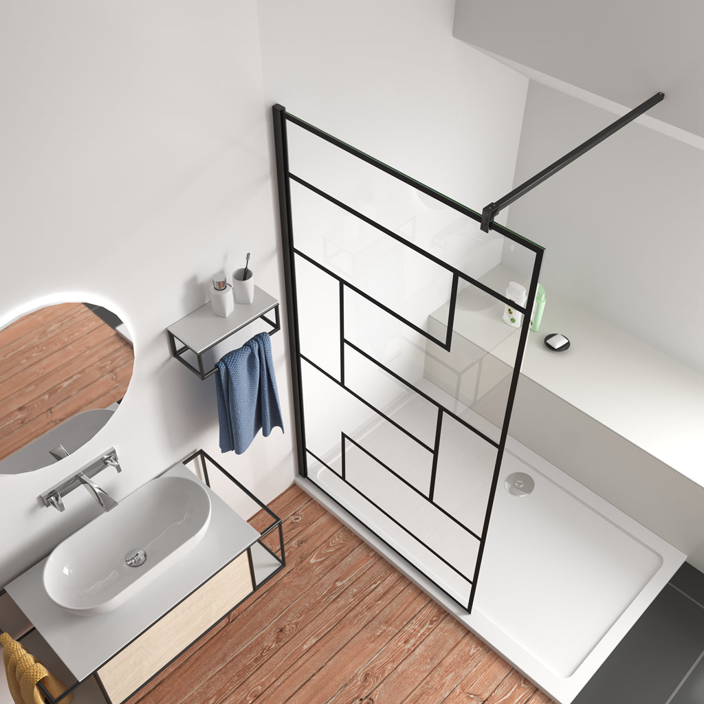 Aica Parete Per Doccia 200cm Walk-In Vetro Temperato Trasparente Anticalcare 8 mm Serigrafato Nero con Riquadri Barra Stabilizzatrice Nero Opaco 110x200 Tipo 2 - Lunga 90 cm Tagliabile
