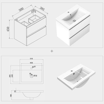 Aica sospeso salvaspazi Mobile Bagno , con lavabo in Ceramica e 2 cassetti 500*385*450mm Bianca