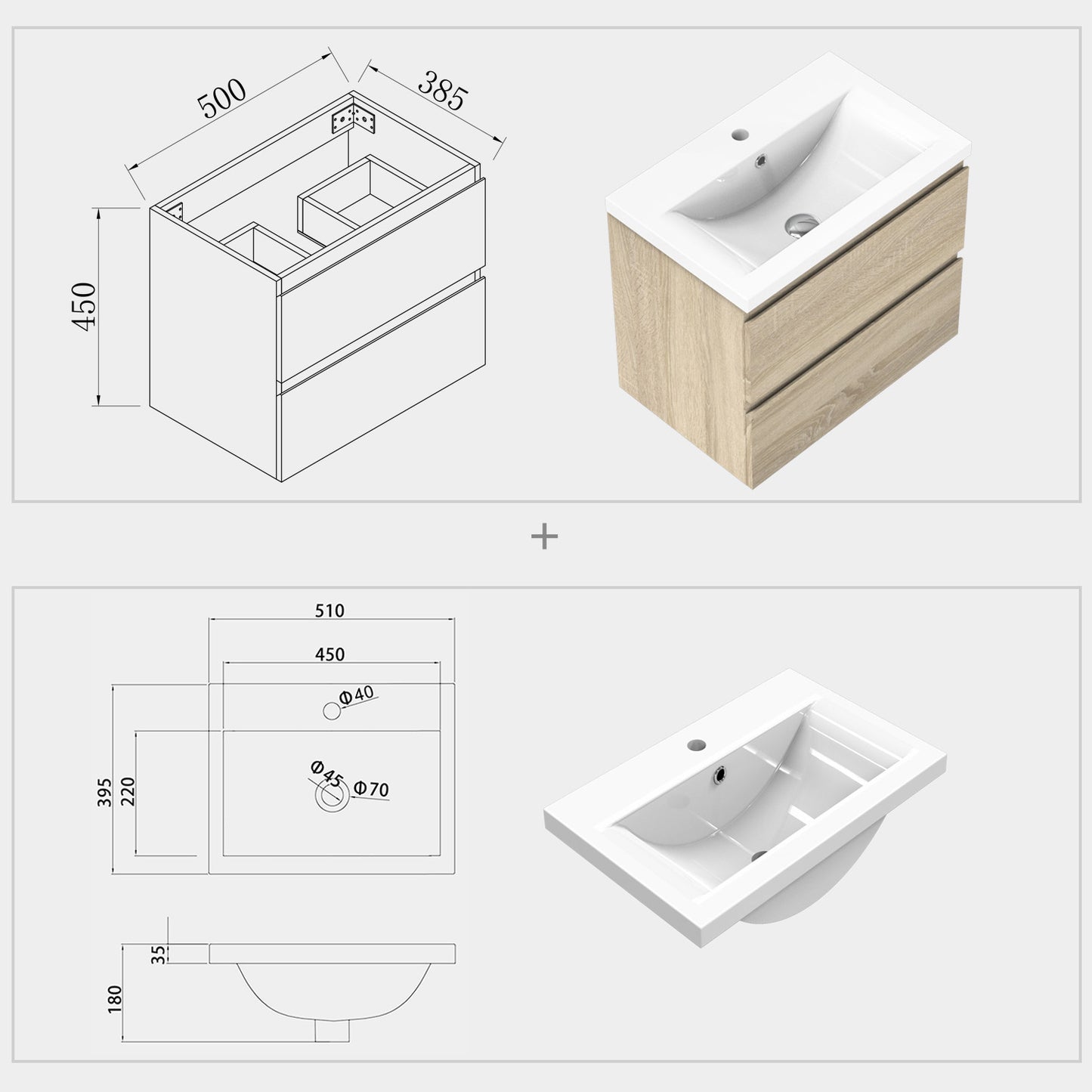 Aica sospeso salvaspazi Mobile Bagno , con lavabo in Ceramica e 2 cassetti 500*385*450mm Noce