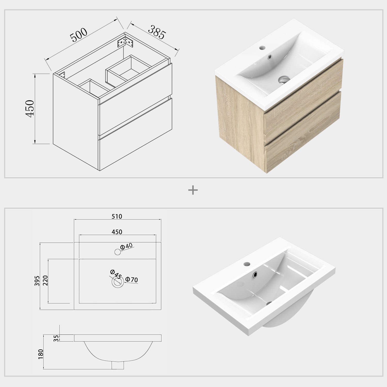 Aica sospeso salvaspazi Mobile Bagno , con lavabo in Ceramica e 2 cassetti 500*385*450mm Noce