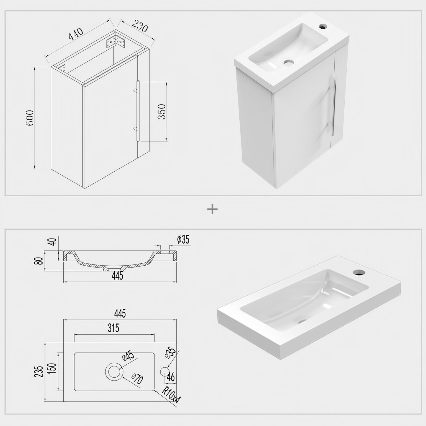 Aica Mobile Bagno Monoblocco Sospeso 44×23×60 cm per Piccoli Spazi con Maniglia e Lavabo in Alluminio
