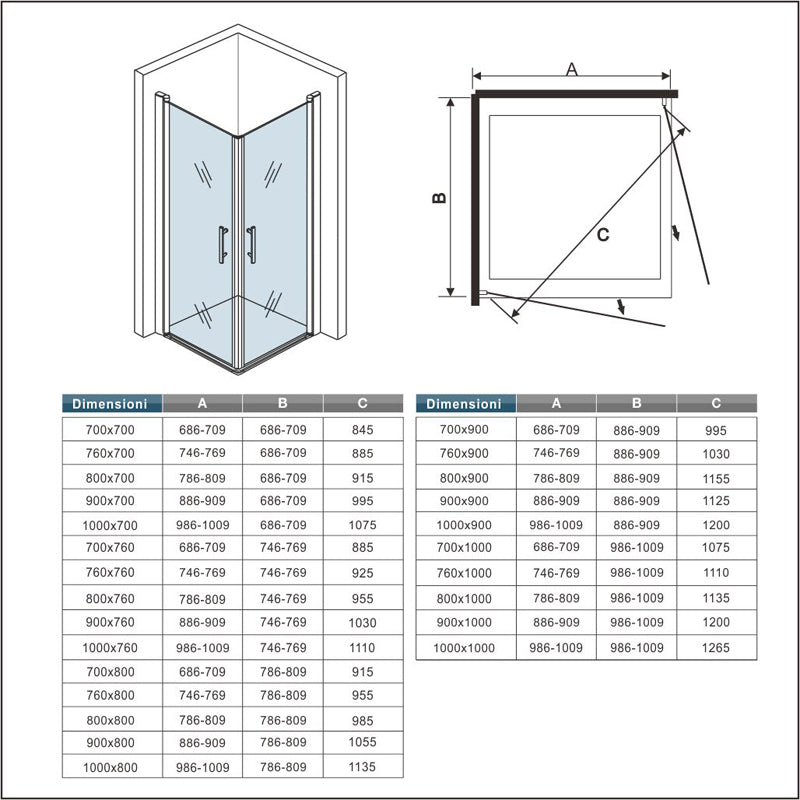 Aica 187/197 cm Box Doccia Angolare Doppia Porta a Battente Rotazione Di 180 Gradi In Vetro Temperato 6mm Anticalcare Trasparente