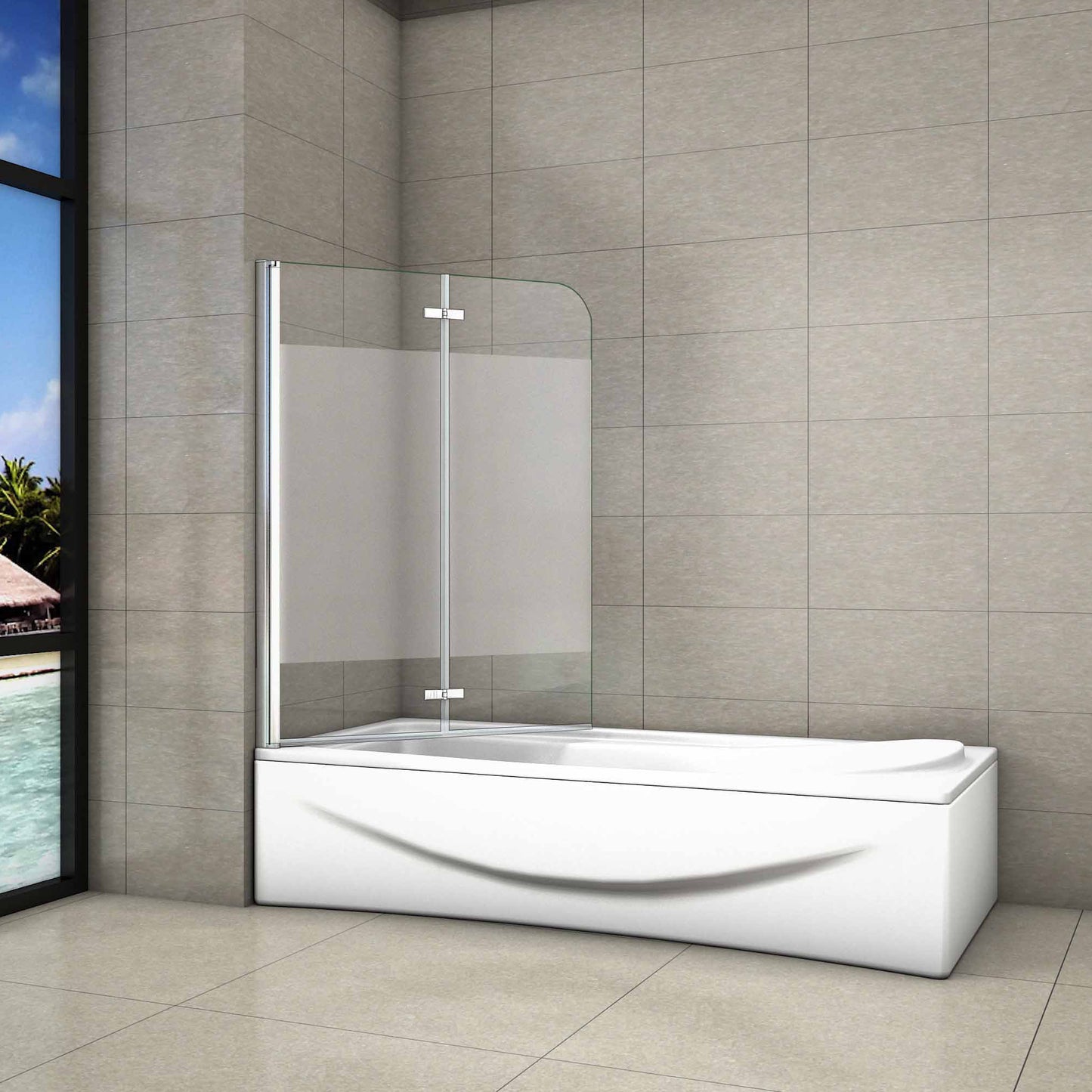 Aica Sopravasca 140 cm Apribile 180 Gradi verso Sinistro/Destro in Vetro Temperato 6 mm Trasparente Anticalcare Fascia Centrale Opaca 120x140cm Verso Sinistro