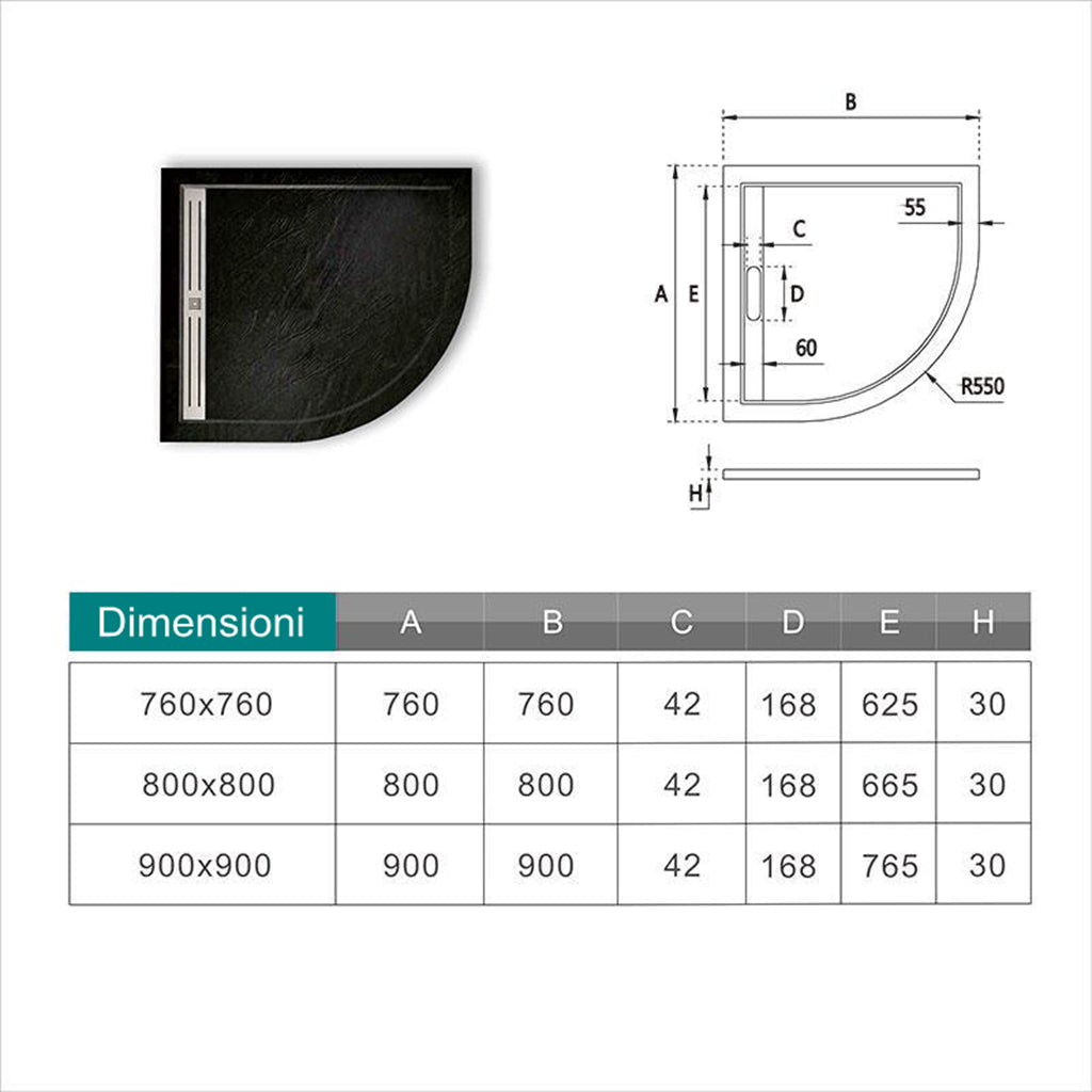 Aica Piatto Doccia Semicircolare in Pietra Vulcanica e Resina Mista Finitura Pietra Nera Ruvida Ultraslim 3 cm Antiscivolo