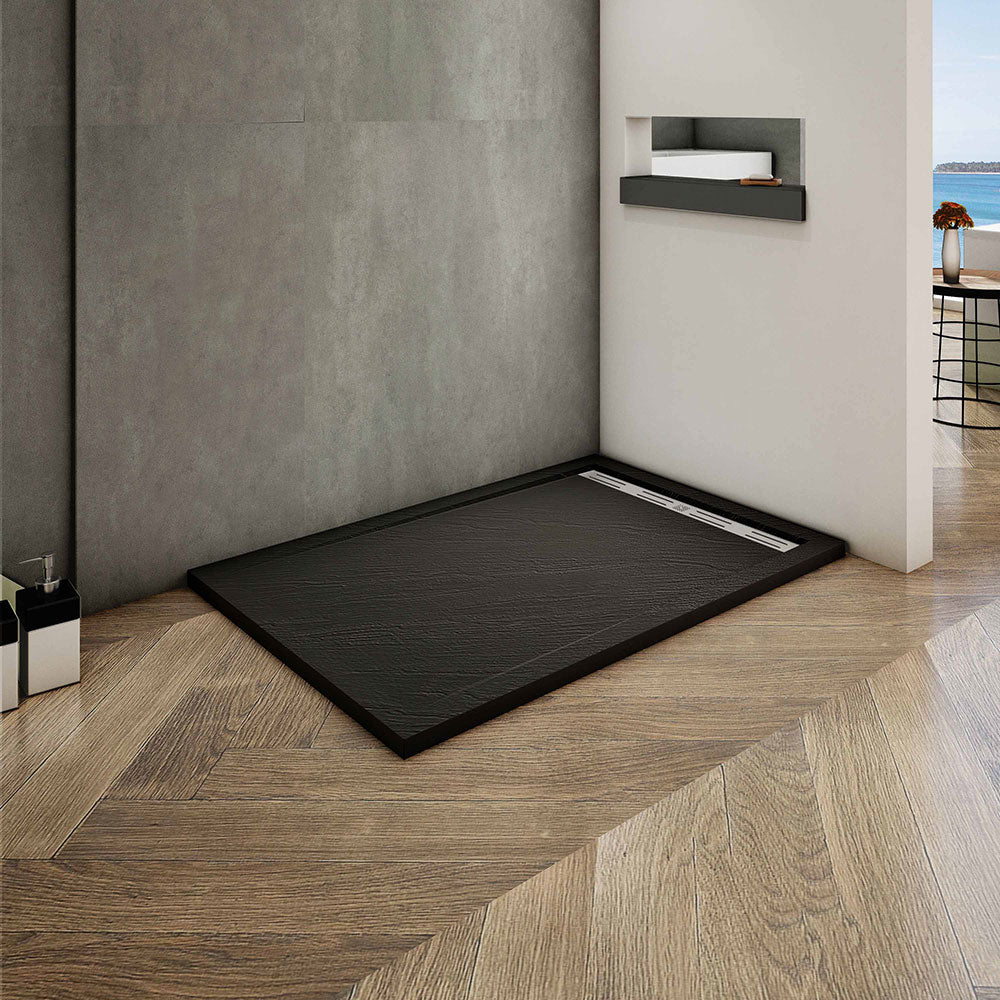 Aica Piatto Doccia Rettangolare/Quadrato In Pietra Vulcanica e Resina Mista Finitura Pietra Nera Ruvida Ultraslim Antiscivolo Antibatterico No