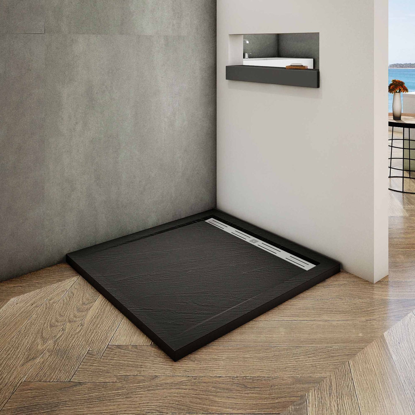 Aica Piatto Doccia Rettangolare/Quadrato In Pietra Vulcanica e Resina Mista Finitura Pietra Nera Ruvida Ultraslim Antiscivolo Antibatterico