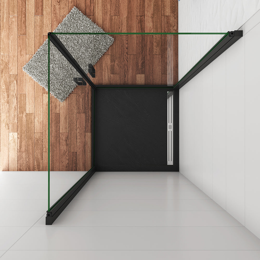Box Doccia Angolare Doppie Porte Apertura A Battente Vetro Trasparente Anticalcare 8mm Profilo Nero Opaco Doccia A Filo Pavimento