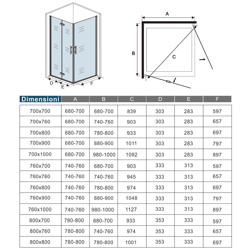 Aica 185/195 cm Box Doccia Angolare Porta Pieghevole pi Porta Battente in Vetro 6mm Temperato Anticalcare Trasparente Telaio Cromo Lucido