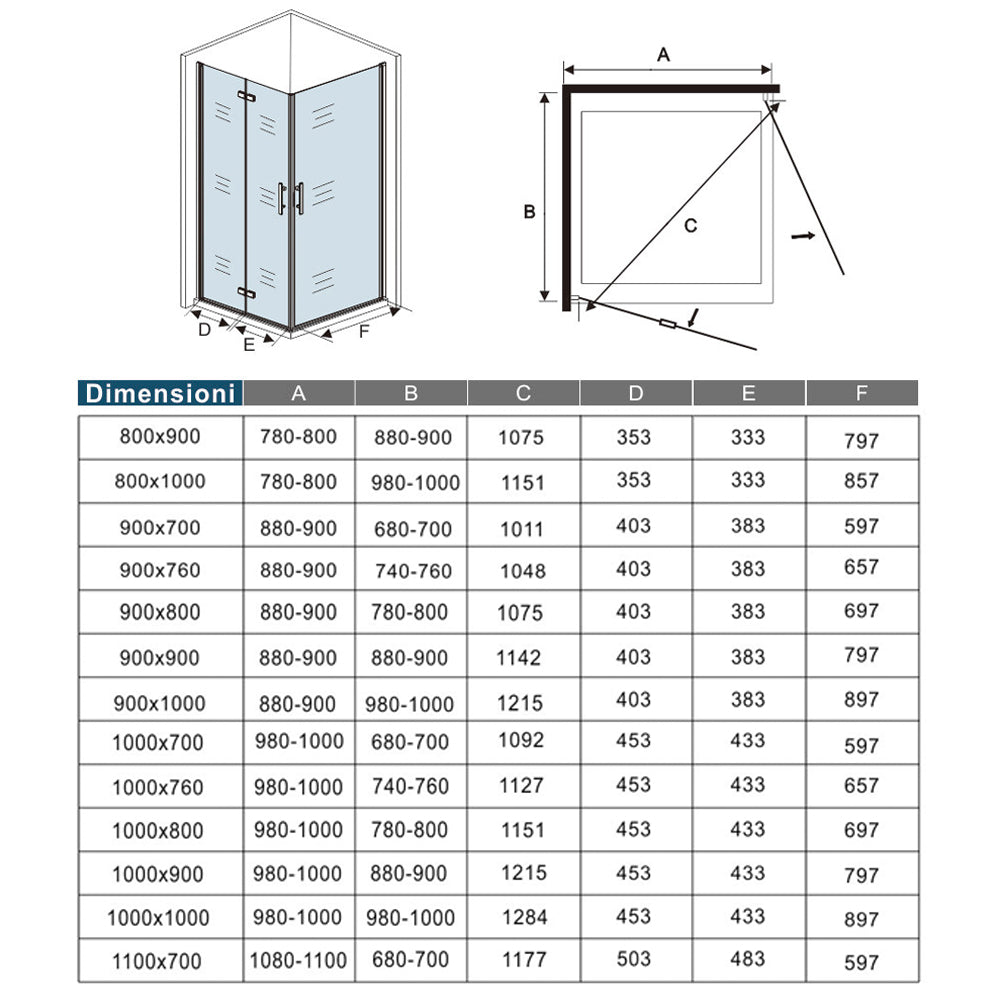 Aica 185/195 cm Box Doccia Angolare Porta Pieghevole pi Porta Battente in Vetro 6mm Temperato Anticalcare Trasparente Telaio Cromo Lucido