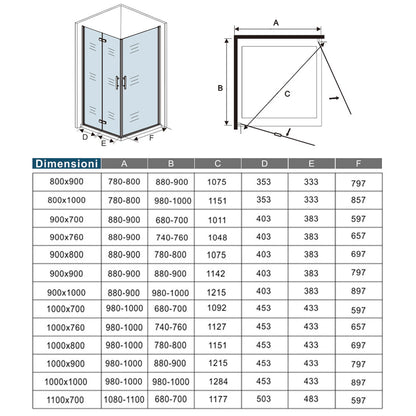 Aica 185/195 cm Box Doccia Angolare Porta Pieghevole pi Porta Battente in Vetro 6mm Temperato Anticalcare Trasparente Telaio Cromo Lucido