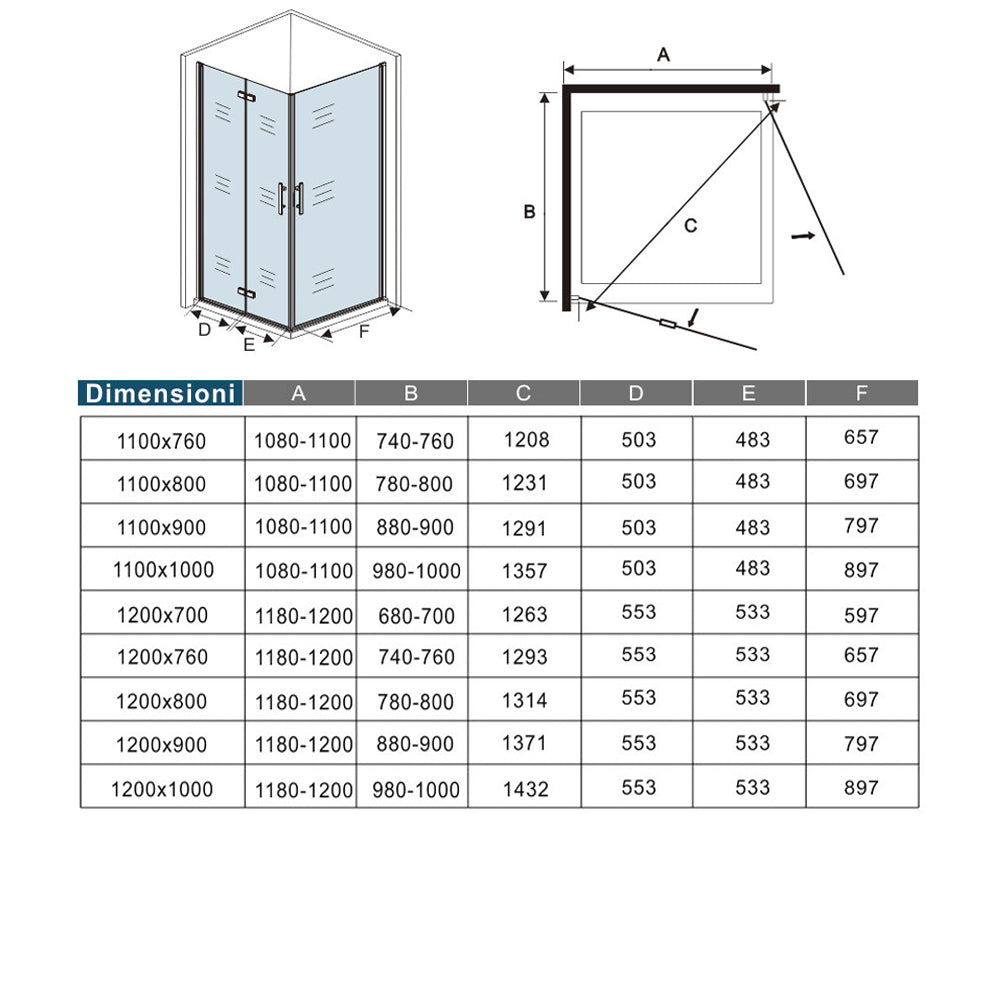 Aica 185/195 cm Box Doccia Angolare Porta Pieghevole pi Porta Battente in Vetro 6mm Temperato Anticalcare Trasparente Telaio Cromo Lucido