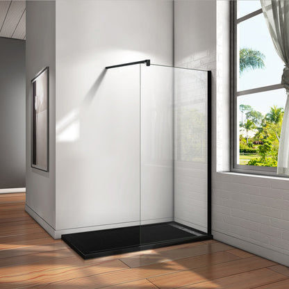 Aica Parete Per Doccia Walk-In Vetro Trasparente 8mm Larga 50-140cm Alta 200cm Con Barra Stabilizzatrice Da 90cm Nero Opaco