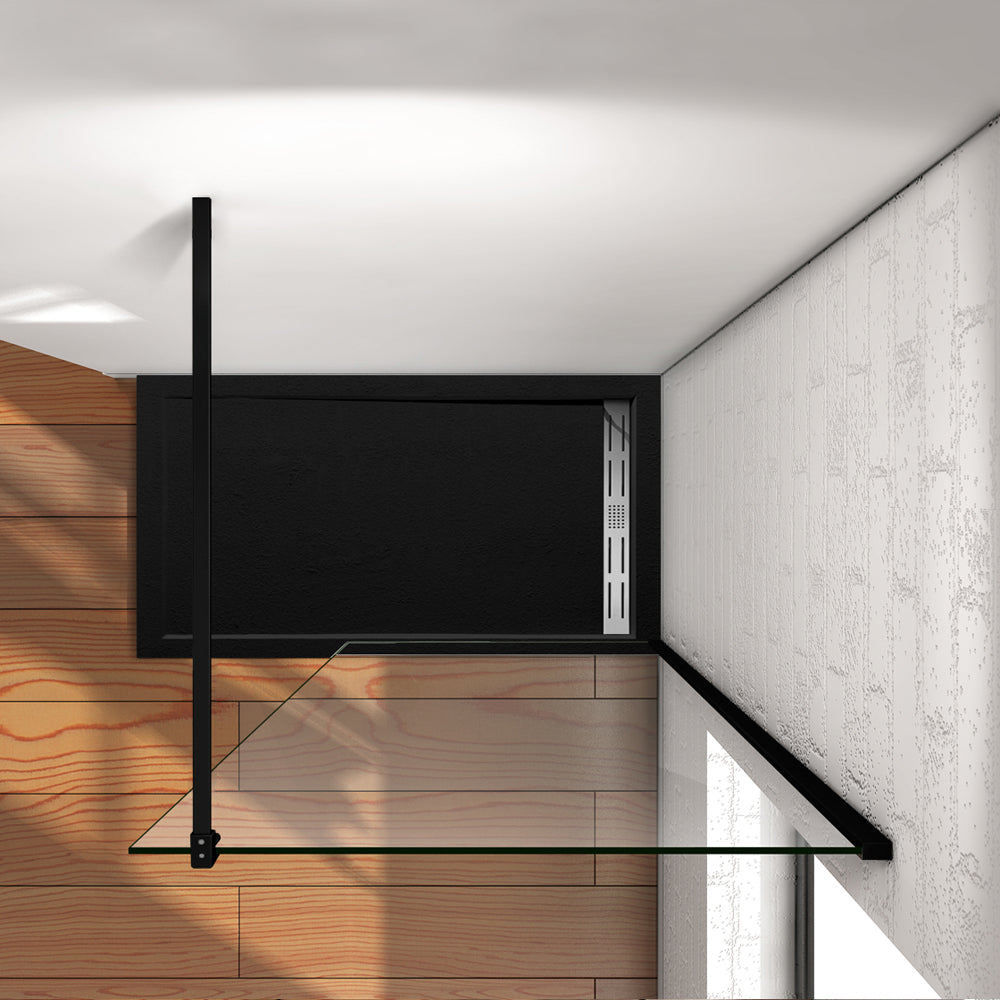 Aica Parete Per Doccia Walk-In Vetro Trasparente 8mm Larga 50-140cm Alta 200cm Con Barra Stabilizzatrice Da 90cm Nero Opaco