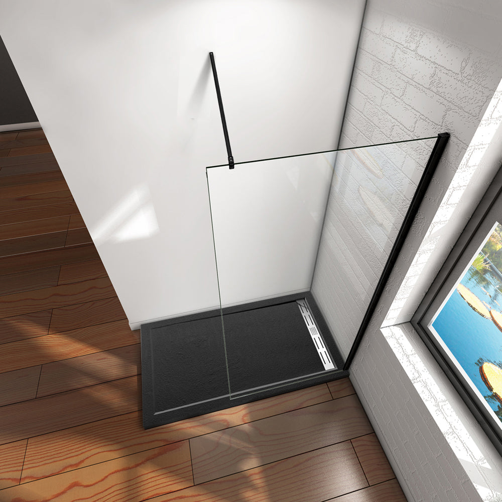 Aica Parete Per Doccia Walk-In Vetro Trasparente 8mm Larga 50-140cm Alta 200cm Con Barra Stabilizzatrice Da 90cm Nero Opaco