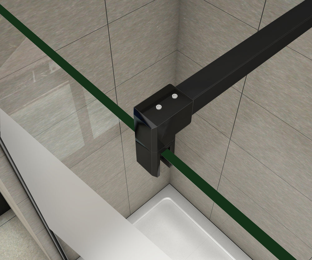 Aica Parete Per Doccia Walk-In Vetro Trasparente 8mm Larga 50-140cm Alta 200cm Con Barra Stabilizzatrice Da 90cm Nero Opaco