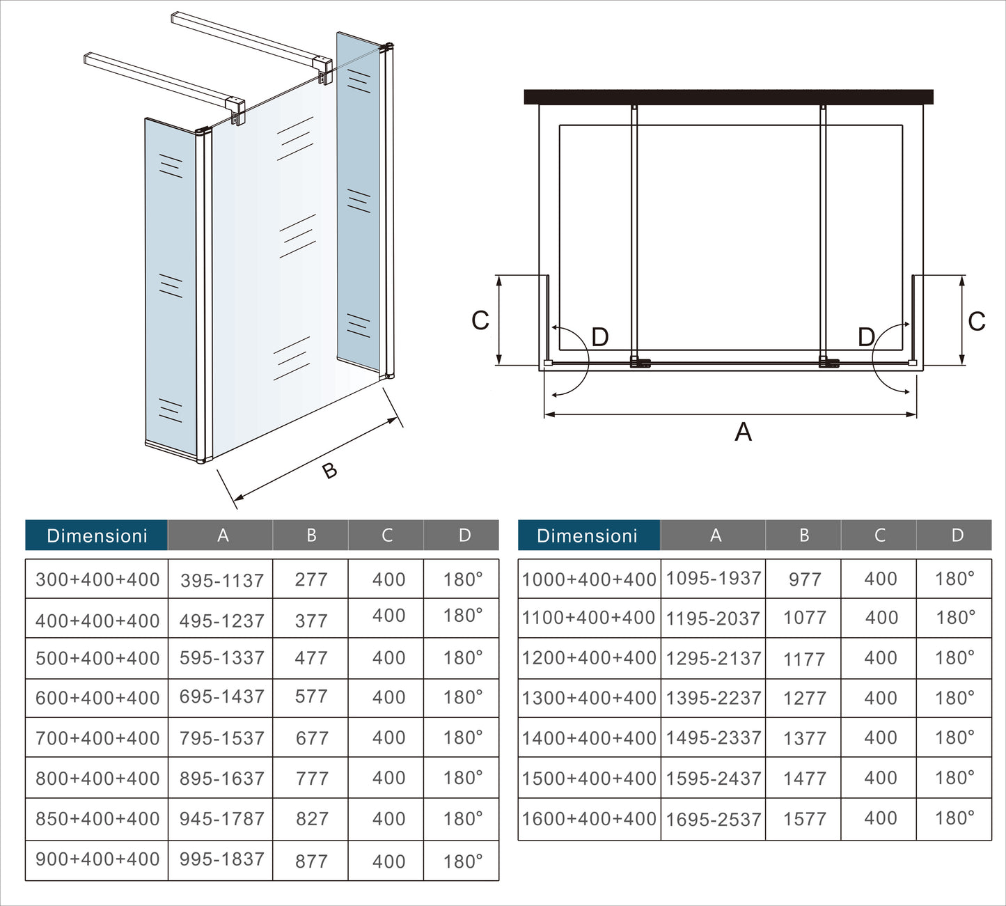 Aica Walk In Alta 200cm Parete Per Doccia Vetro Temperato Trasparente Anticalcare Doppia Paretina Mobile Da 40 cm e Doppia Barra Stabilizzatrice