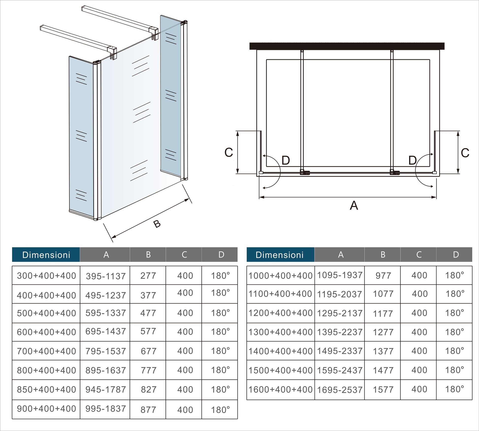 Aica Walk In Alta 200cm Parete Per Doccia Vetro Temperato Trasparente Anticalcare Doppia Paretina Mobile Da 40 cm e Doppia Barra Stabilizzatrice