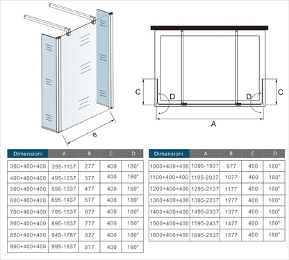 Aica Walk In Alta 200cm Parete Per Doccia Vetro Temperato Trasparente Anticalcare Doppia Paretina Mobile Da 40 cm e Doppia Barra Stabilizzatrice